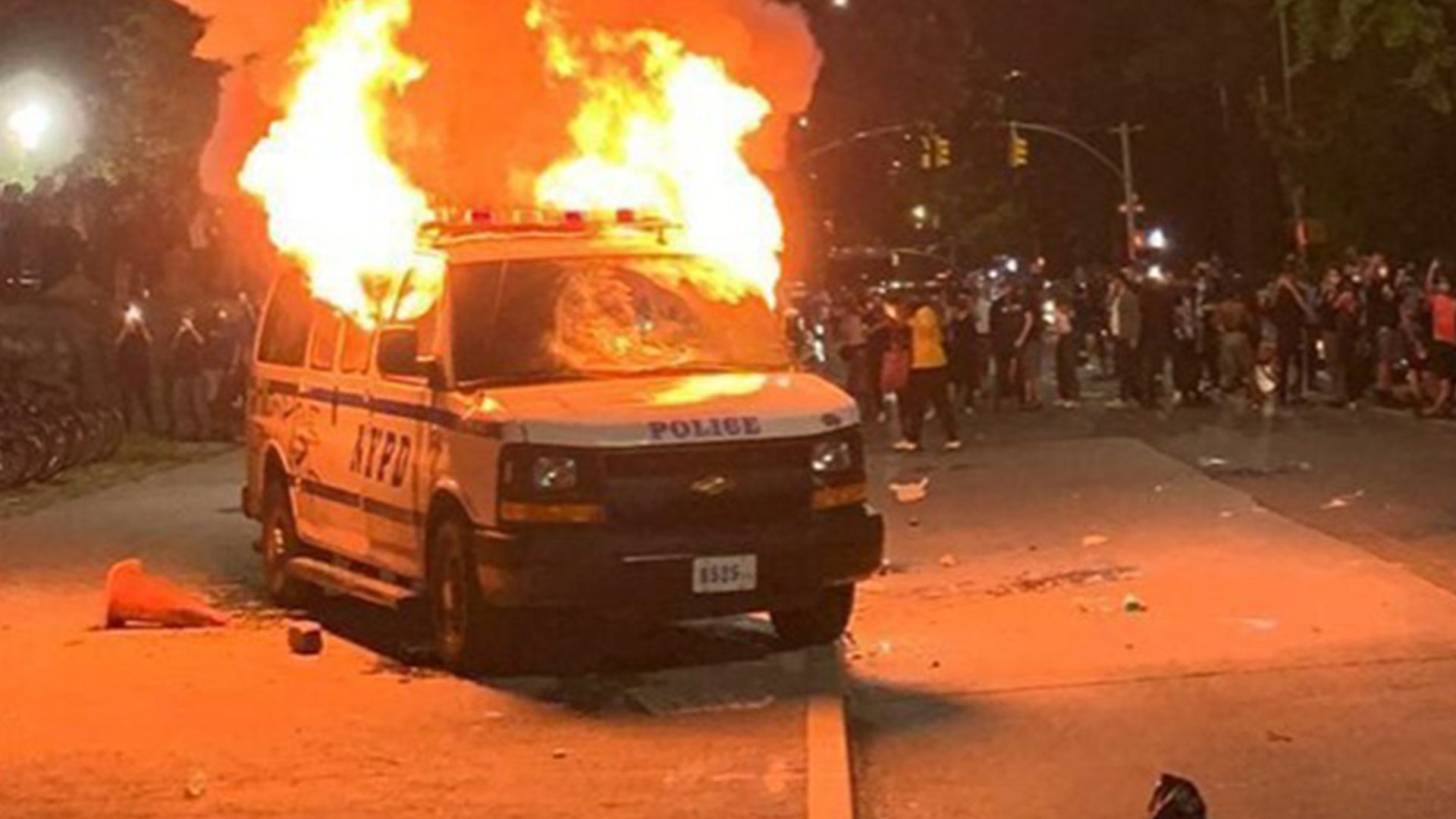 The van was set on fire outside the 88th precinct in the Clinton Hill neighborhood.