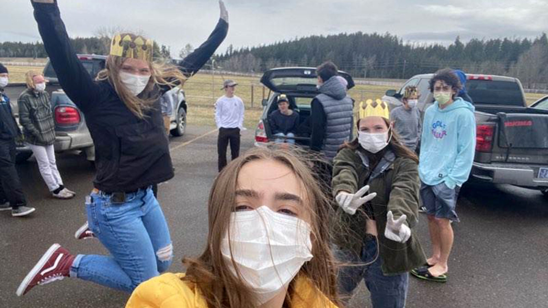 Anoush in Whitefish Montana!! 40 cars of friends surprised her at the park and stayed within the social distancing guidelines, of which were included (&amp; a little altered) in everyone's party favor bags full of candy, masks, gloves and crowns!