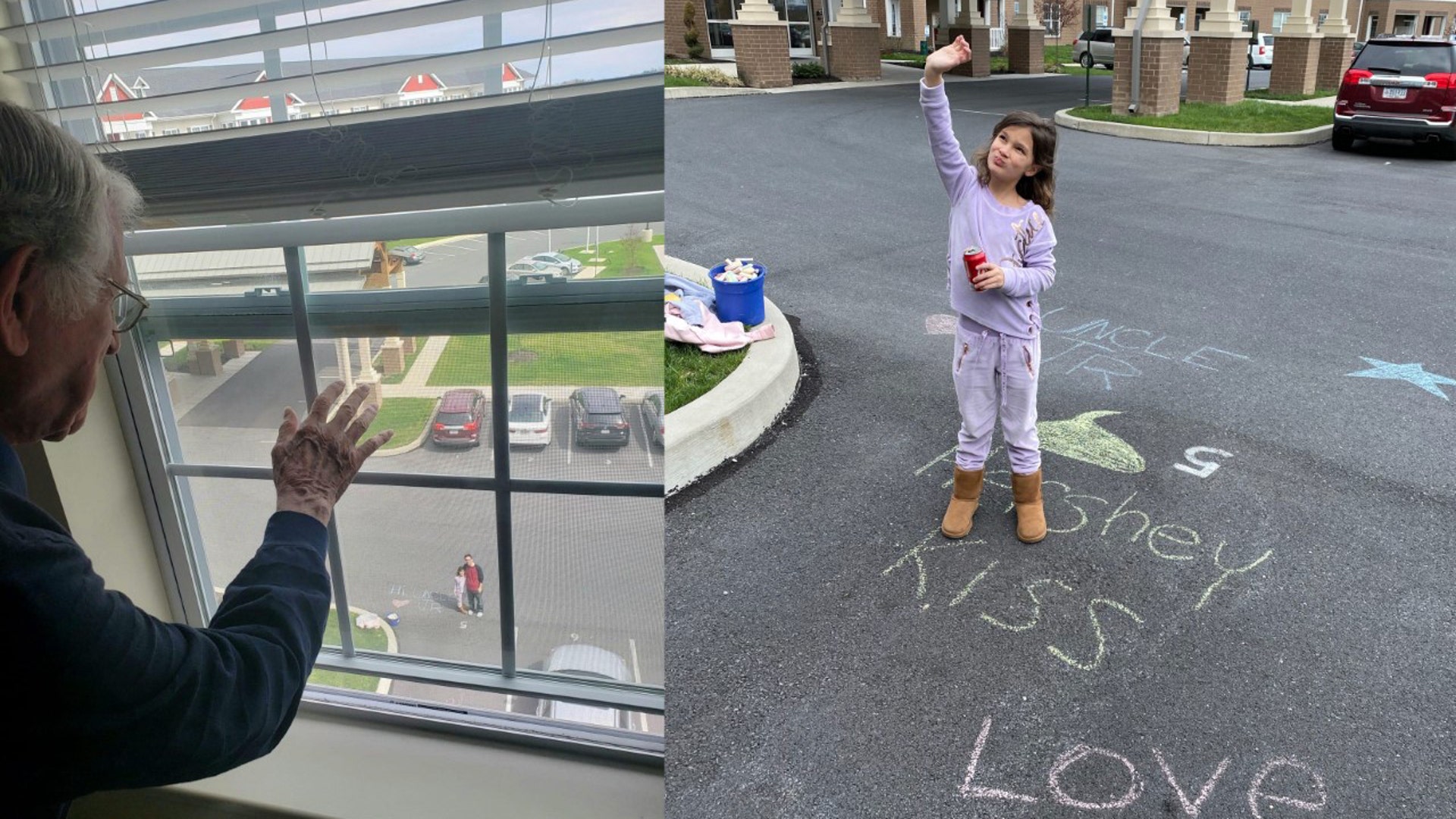 During the coronavirus lockdown, 90-year-old James L. Setting Jr., current resident of the Harmony at West Shore retirement community in Mechanicsburg, PA, is visited by his great nephew E J Zigerell and E J's eight-year-old daughter, Kathryn. Kathryn sent a message of love to her great uncle ("Uncle Junior") with a chalk drawing on the parking lot below his fourth-floor window, including a Hershey Kiss, which is Uncle Junior's favorite candy! Uncle Junior recently moved from Delaware to Pennsylvania, to be close to family. Uncle Junior is staying at Harmony at West Shore until his permanent residency is completed at Harmony at Hershey—a fitting home for someone who loves Hershey Kisses!