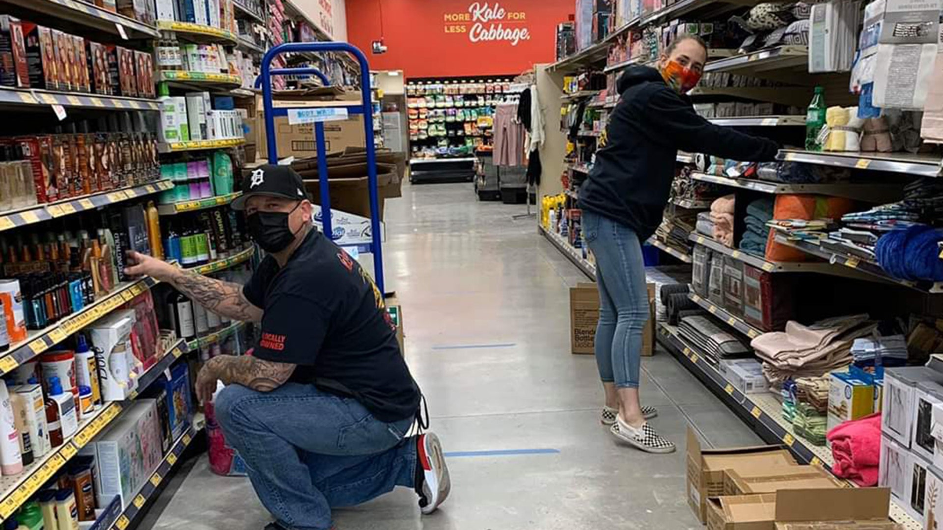 Hello, my name is Brittni. I live in a very small town called Quincy in California. I see you guys recognize all of the people on the front line fighting the covid-19. I know it might seem small but in our town our essential workers are on the front line every day making sure we as a community have what we need to stay safe and save lives by social distancing. I would really love it if our local grocery outlet could get a shout out for all they are doing for our community. This is a photo showing my boyfriend stocking the shelves with his manager, both wearing masks and doing their part to keep our small town safe where this disease would take off like wild fire if we didn't all do our part. Thank you for your time and consideration! I cannot wait to see the amazing things we as Americans do when all this is over! God bless you! Sincerely, Brittni McFarland