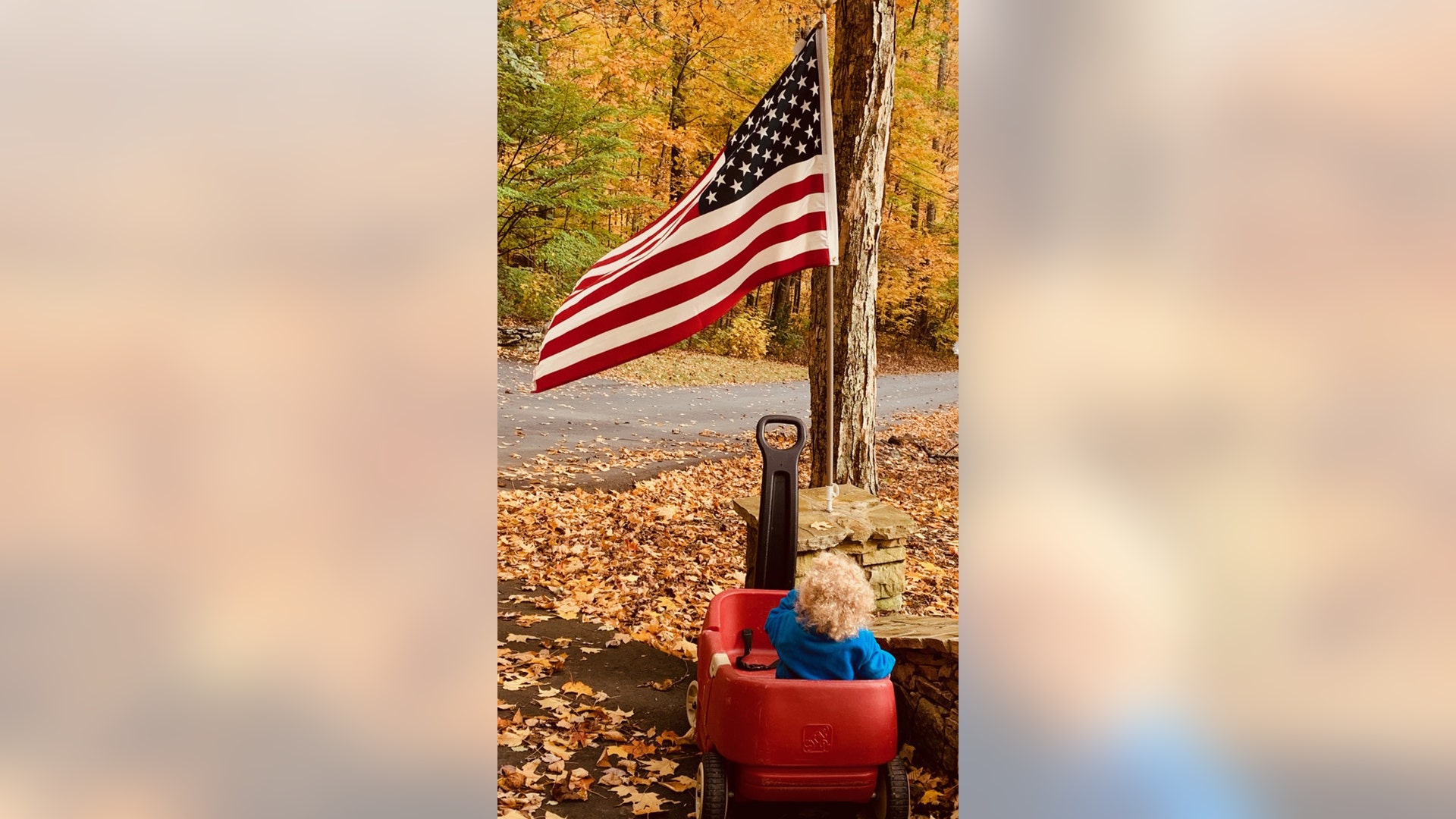 This is a photo taken of my Granddaughter, Rhyan Elizabeth, 2, this fall. I think this photo is so beautiful, and her awe and respect of our great flag brings me back to a happier time. It reminds me that we WILL get through this together as a nation
