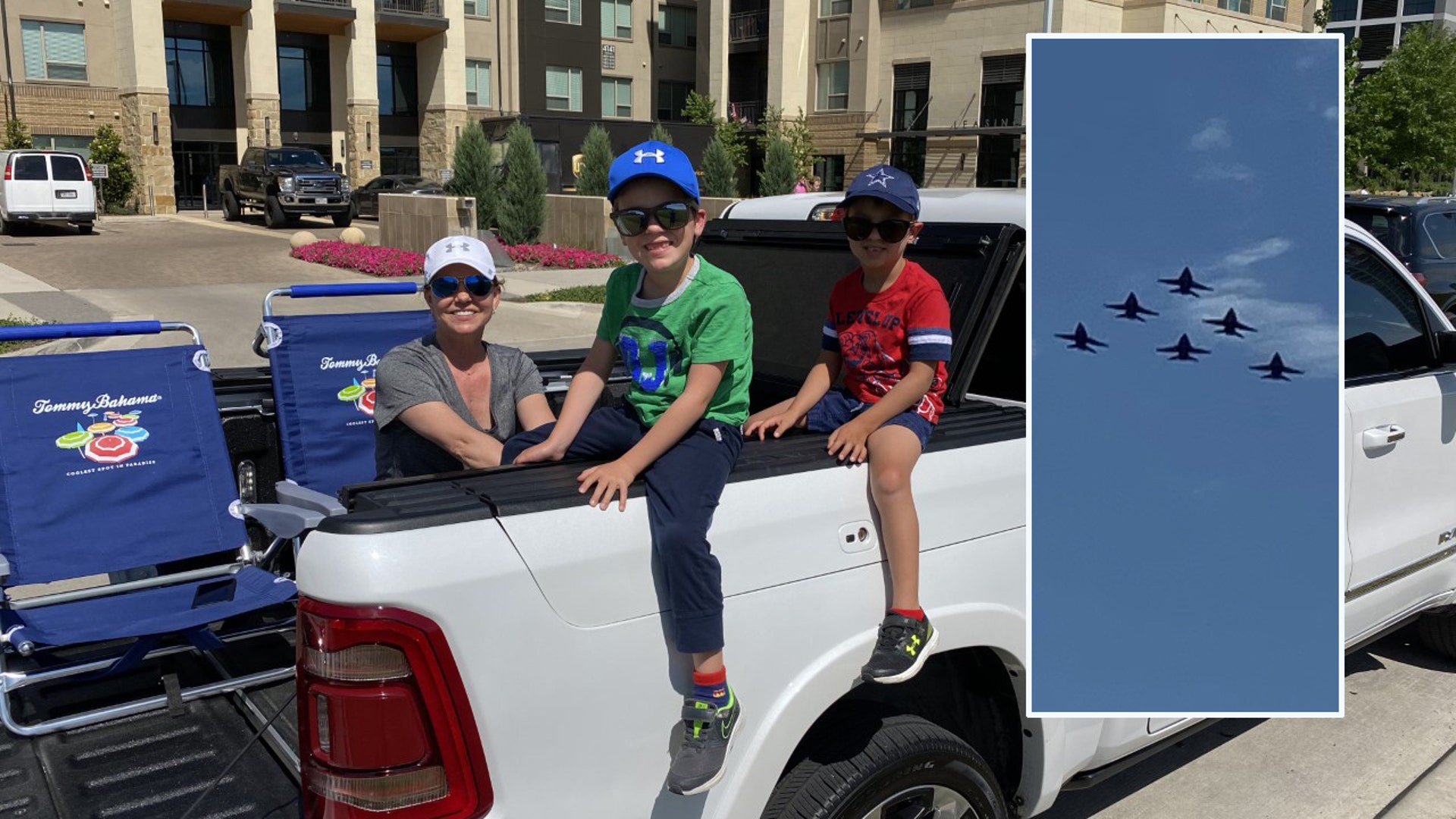Teaching our grandsons about heroes on the ground and in the air watching The Blue Angels fly over “The Star” in Frisco Tx !!