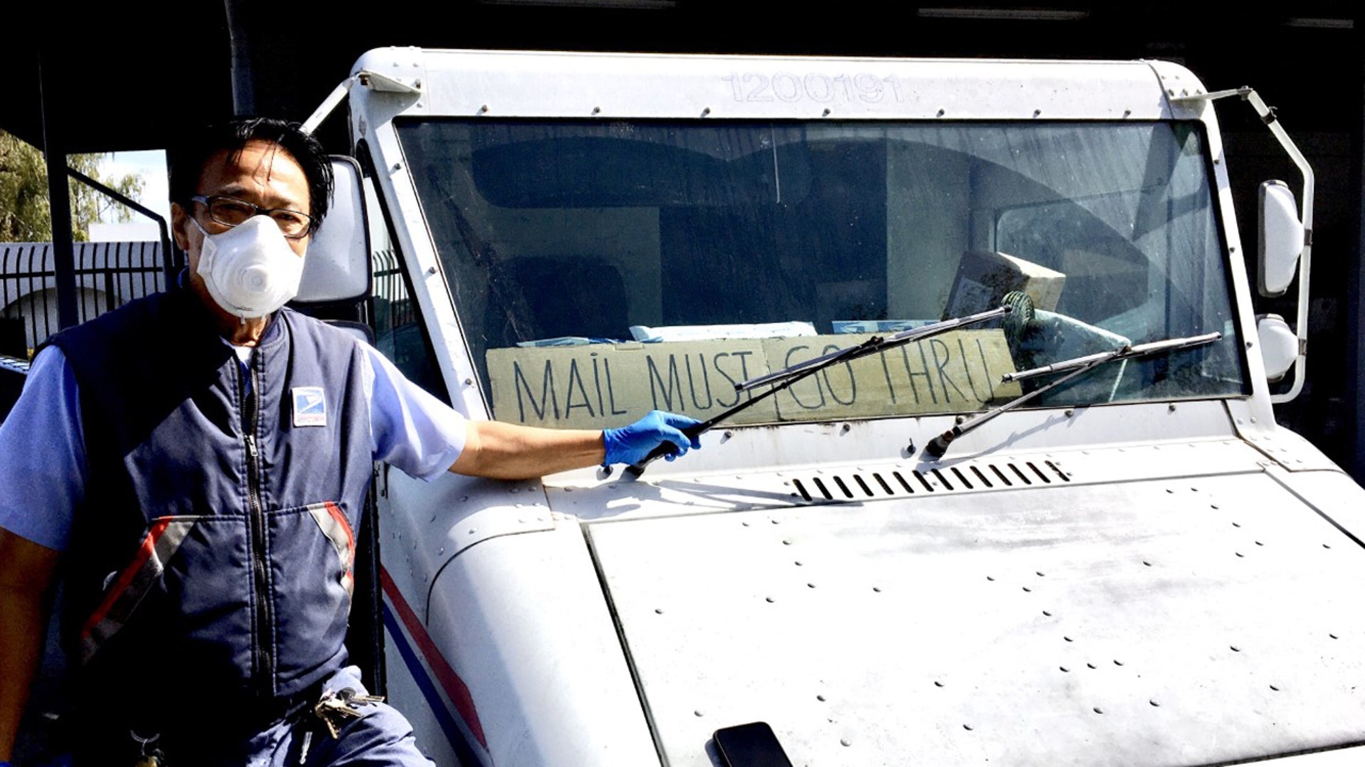 US Postal Carrier Gil Eliares from Brisbane California says ‘Neither rain, nor snow, nor virus can stop the Postal Service to deliver your mail. Mail must go through.’