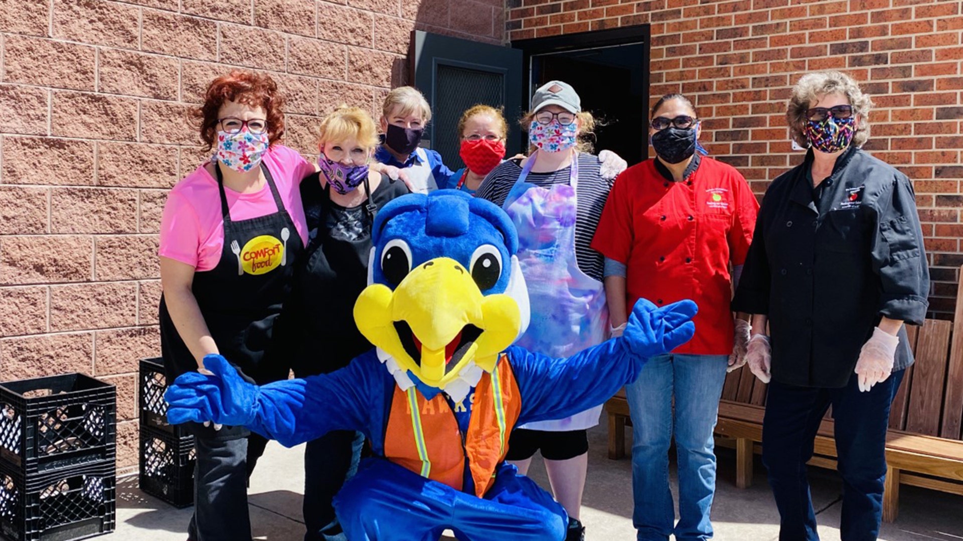 This is our mascot, from Falcon Elementary School of Technology in Falcon, Colorado along with nutrition services from across the school district (School District 49) who have been providing free lunches to our community.