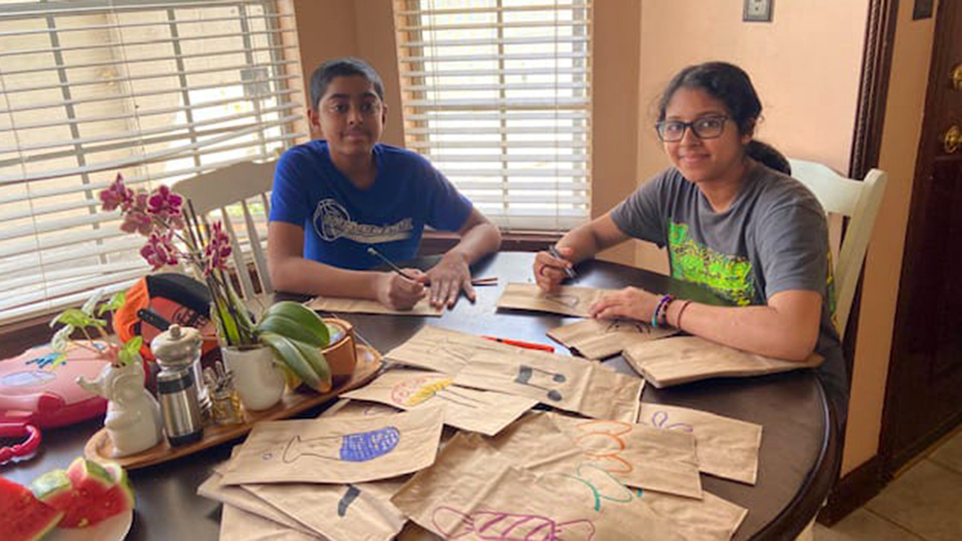 my daughter Navya P. and her friend Abhijit S. decorating bags for Lunches of Love(https://lunchesoflove.net/), for their at-home community service. Fort Bend ISD issued a Shelter in place order to keep our community in Houston Texas safe . Both the kids are 7th graders in Fort Bend ISD.