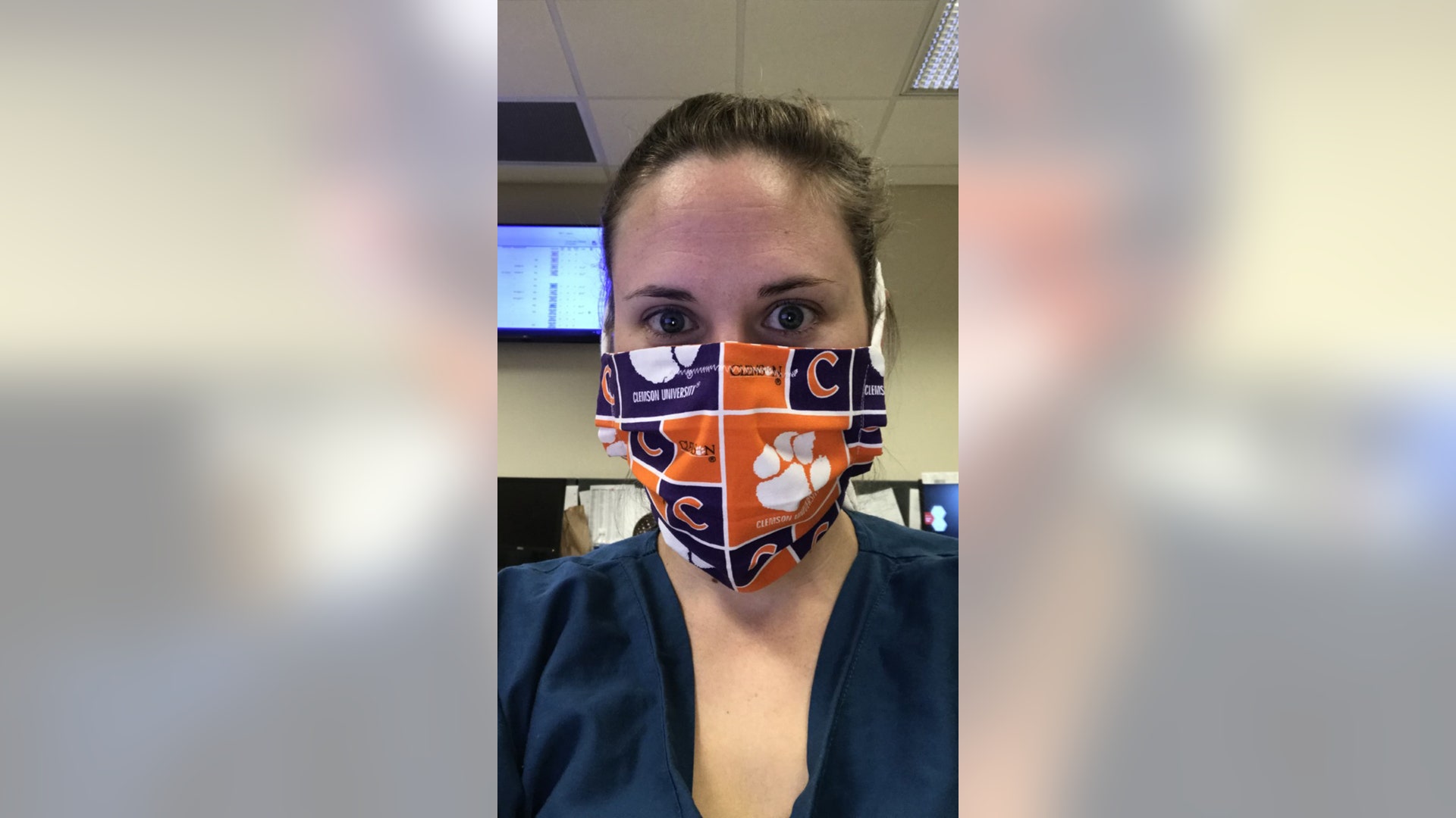 Our daughter is a critical care physician at U TN and never far from her Clemson gear. Her Mother in law had this mask made from an old tailgate tablecloth! Go Tigers!