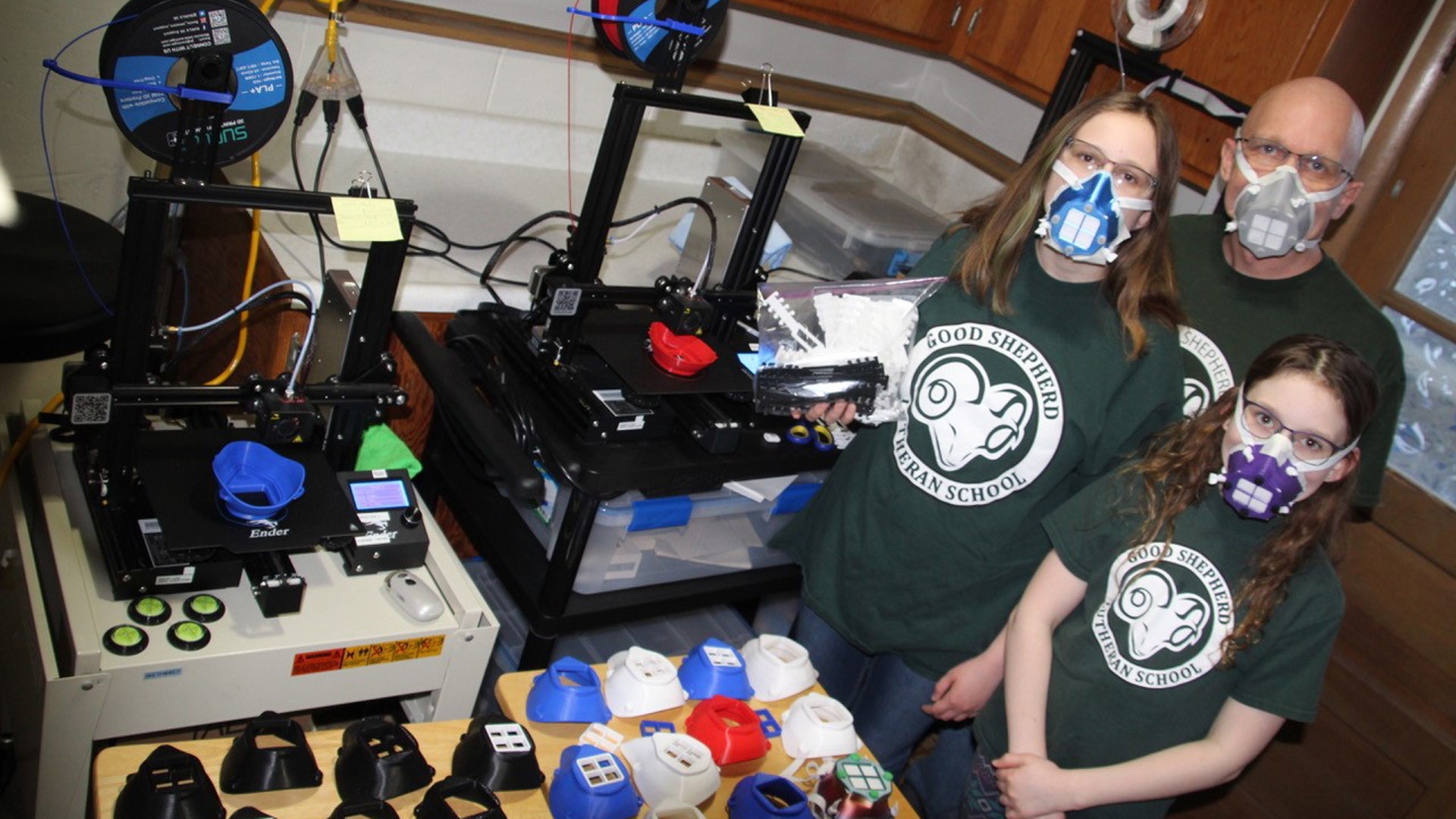 Hello, I know you have done some stories about local people making masks. But I haven't seen a story about using a 3D printer to make respirators or these little straps that relieve the pressure off of your ears when wearing the surgical style masks. Now the story… Concordia University Wisconsin put out a call for schools with 3D printers to start making respirator masks to donate to Children's Hospital and other Wisconsin medical organizations. I asked the principal at Good Shepherd Lutheran School if I was allowed to take the 3D printers home and start production, she replied with an overwhelming "YES". So we converted our laundry room into making these masks along with ear strain relief straps for people that are wearing the surgical style mask. It's a whole family affair with keeping these 3D printers printing 24/7 to produce as much as possible. (End of the story) I'm going to be dropping these masks off on Friday at Concordia University Wisconsin and then will be going to local businesses to drop off more of the ear strain relief straps. Let me know if you want to make a story out of this in case you want a better picture of all the masks and straps. In the picture, from Tallest to shortest -- Lee Bely, Trinity Bely and Kylee Bely.