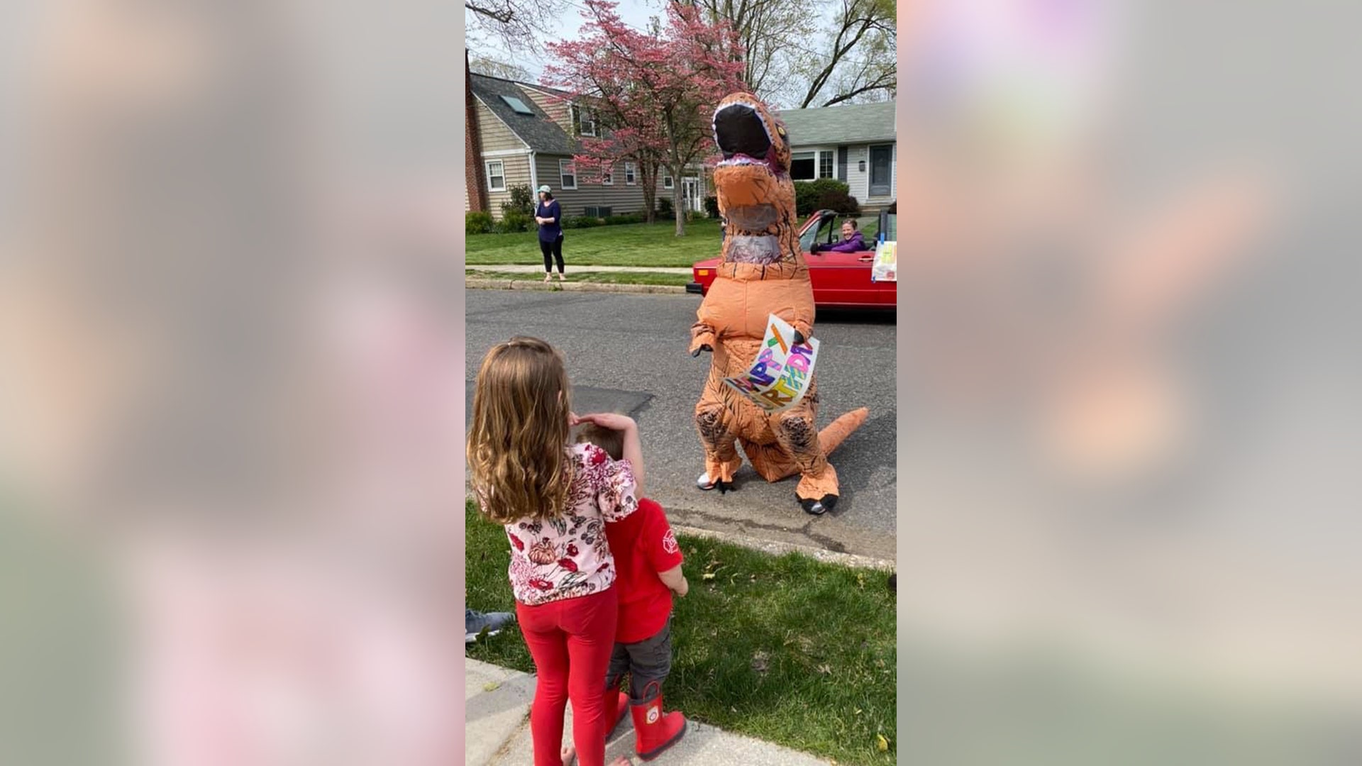 Our 3 year old grandson Connor celebrated his birthday observing social distancing with a dinosaur visit, a car parade and a real fire truck drive by thanks to all of my daughters neighbors who organized it... his big sister Leah kept him in her arms..