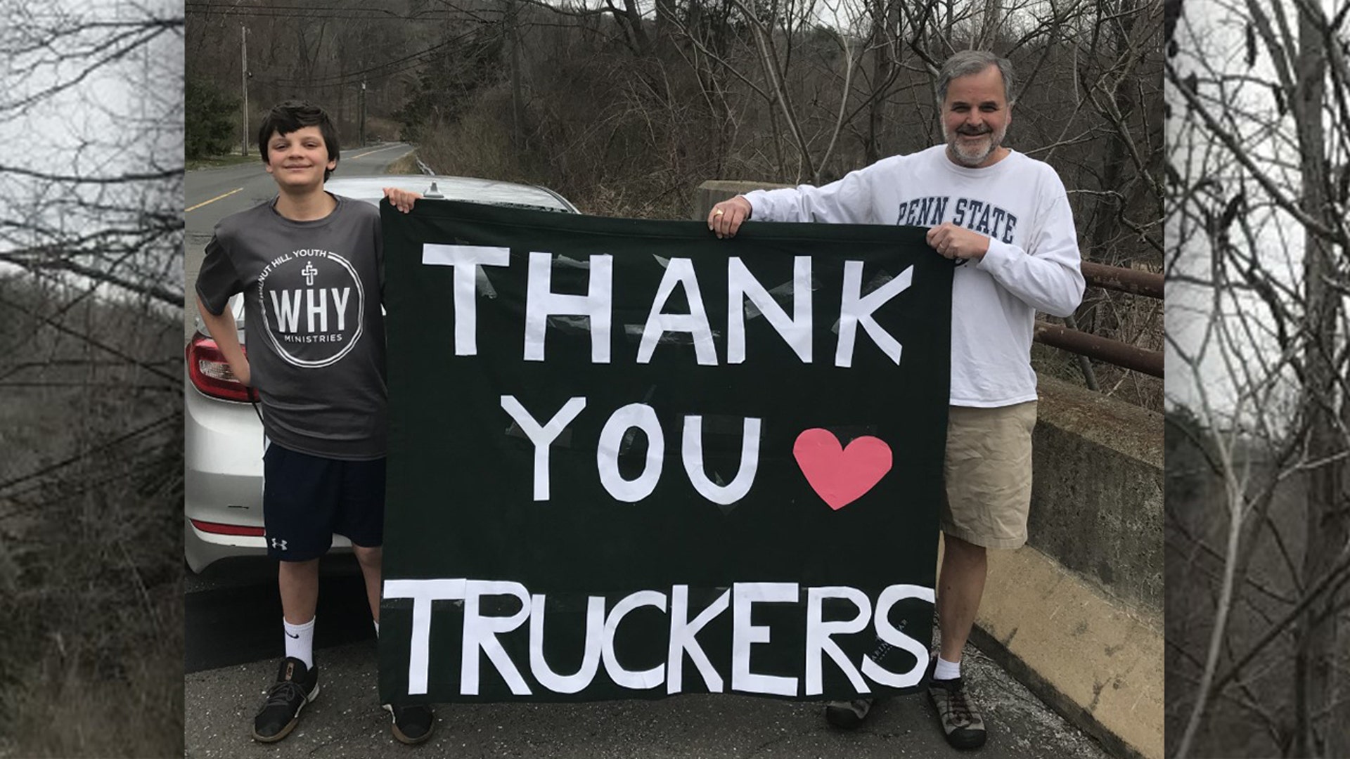 My husband and son and I created a sign to hold over the highway in Newtown, CT, to let the truckers below know how much we appreciate them and all they are doing to keep things moving in our country! Hoping we brought a smile to their hearts in their long days. Loved the joyous sound of continuous horns blowing 😊 Thank you, Karen Curran and fam Newtown, CT