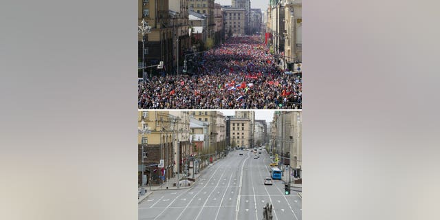 In this two photo combination picture, top photo shows People carry portraits of relatives who fought in World War II, during the Immortal Regiment march through the main street toward Red Square celebrating 74 years since the victory in WWII in Red Square in Moscow, Russia on taken on Thursday, May 9, 2019, and bottom photo shows an almost empty main street during the 75th anniversary of the Nazi defeat in World War II in Moscow, Russia, Saturday, May 9, 2020.
