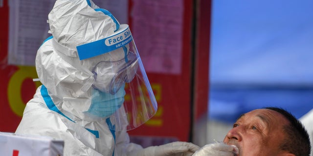In this May 17, 2020, photo released by Xinhua News Agency, a medical worker collects sample for COVID-19 testing at the Tongji community in Shulan in northeastern China's Jilin Province. Authorities have tightened restrictions in parts of Jilin province in response to a local cluster. (Zhang Nan/Xinhua via AP)