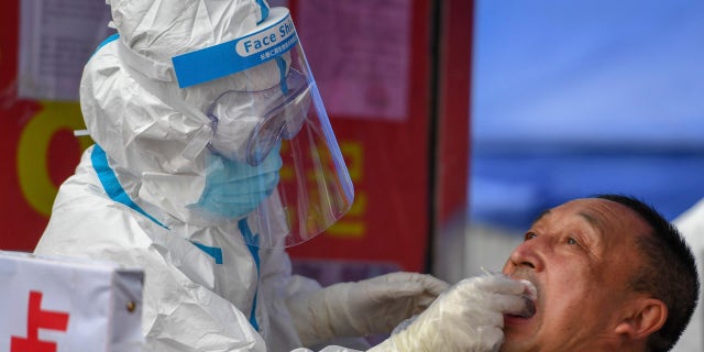 In this May 17, 2020, photo released by Xinhua News Agency, a medical worker collects sample for COVID-19 testing at the Tongji community in Shulan in northeastern China's Jilin Province. Authorities have tightened restrictions in parts of Jilin province in response to a local cluster. (Zhang Nan/Xinhua via AP)