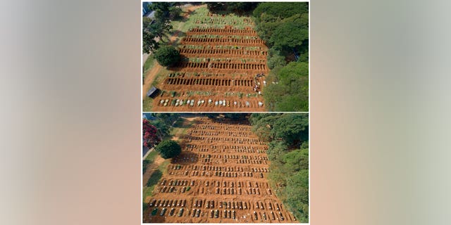 This combo shows freshly dug graves, top, on April 1, 2020 at the Vila Formosa cemetery in Sao Paulo, Brazil, compared to one month later on April 30 with the graves filled in. Sao Paulo authorities dug hundreds of new graves in anticipation of an increase in the city's death rate amid the presence of the new coronavirus pandemic. (AP Photo/Andre Penner)