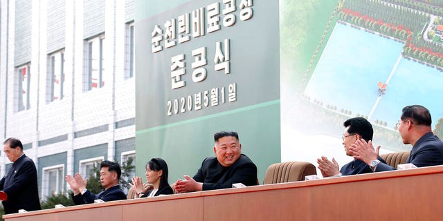 In this Friday, May 1, 2020, photo provided by the North Korean government, North Korean leader Kim Jong Un, center, claps with his sister Kim Yo Jong, third from left, during a ceremony at a fertilizer factory in Sunchon, South Pyongan province, near Pyongyang, North Korea. 