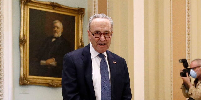 FILE - In this April 21, 2020, file photo Senate Minority Leader Sen. Chuck Schumer of N.Y. speaks with reporters outside the Senate chamber on Capitol Hill in Washington. The Senate is set to resume Monday, May 4. (AP Photo/Patrick Semansky, File)