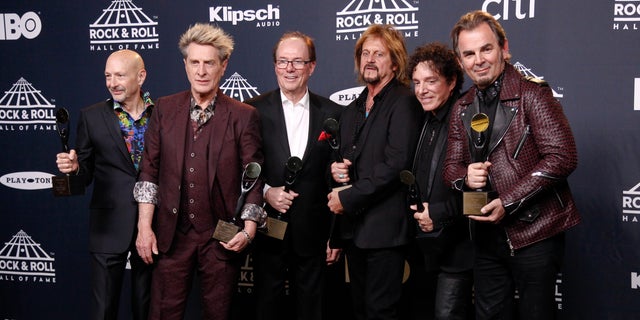 Members of Journey, from left, Steve Smith, Ross Valory, Aynsley Dunbar, Gregg Rolie, Neal Schon and Jonathan Cain at the 2017 Rock and Roll Hall of Fame induction ceremony in New York. 