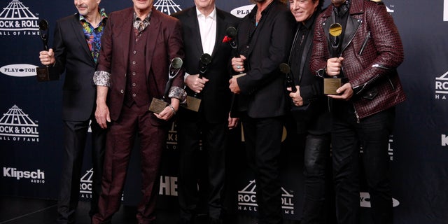 Members of Journey, from left, Steve Smith, Ross Valory, Aynsley Dunbar, Gregg Rolie, Neal Schon and Jonathan Cain at the 2017 Rock and Roll Hall of Fame induction ceremony in New York.