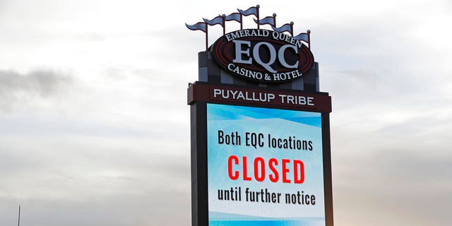 A sign last month indicating that the new Emerald Queen Casino in Tacoma, Wash., owned by the Puyallup Tribe of Indians, has been closed for the time being.