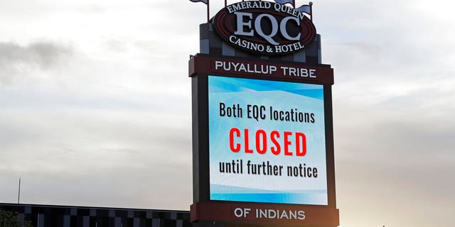 A sign last month indicating that the new Emerald Queen Casino in Tacoma, Wash., owned by the Puyallup Tribe of Indians, has been closed for the time being.