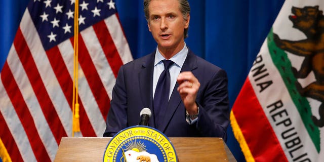 California Gov. Gavin Newsom discusses his revised 2020-2021 state budget during a news conference in Sacramento, Calif., Thursday, May 14, 2020.