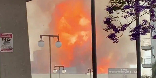 In this screen grab from video provided by Sean Miura, flames from an explosion are seen Saturday, May 16, 2020, in Los Angeles. (Associated Press)