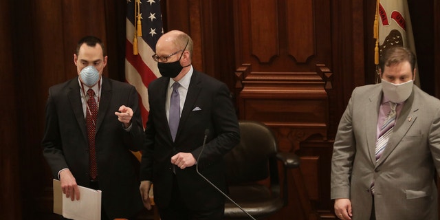 New Illinois Senate President Don Harmon, D-Oak Park, wearing a mask because of the coronavirus at State Capitol May 20, 2020, in Springfield. (Erin Hooley / Chicago Tribune / Pool)