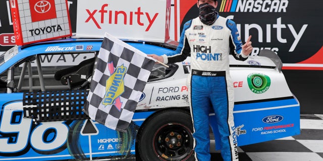 Chase Briscoe celebrating after winning Thursday's race in Darlington, S.C.