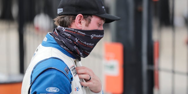 Chase Briscoe leaving victory lane after winning the NASCAR Xfinity series race Thursday.