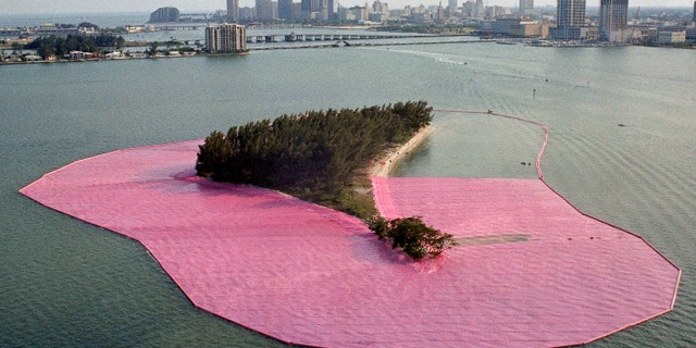 "Surrounded Islands," by Christo, in the process of being installed in Miami in 1983.