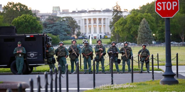 Law enforcement officers from Calvert County Maryland Sheriff's Office standing on the Ellipse, area just south of the White House in Washington, as they watch demonstrators protest the death of George Floyd, Sunday, May 31, 2020. Floyd died after being restrained by Minneapolis police officers (AP Photo/Alex Brandon)