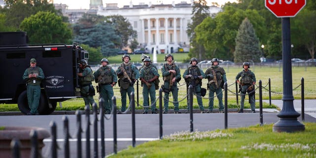 Law enforcement officers from Calvert County Maryland Sheriff's Office standing on the Ellipse, area just south of the White House in Washington, as they watch demonstrators protest the death of George Floyd, Sunday, May 31, 2020. (AP Photo/Alex Brandon)