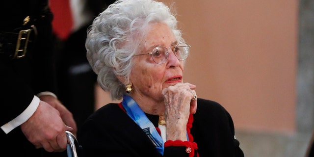 FILE - In this 2016 file photo, Annie Glenn arrives to view the casket of her husband famed astronaut John Glenn as he lies in honor, in Columbus, Ohio. Glenn, the widow of astronaut and U.S. Sen. John Glenn and a communication disorders advocate, died May 19, of COVID-19 complications at a nursing home near St. Paul, Minn., at age 100. (AP Photo/John Minchillo, File)