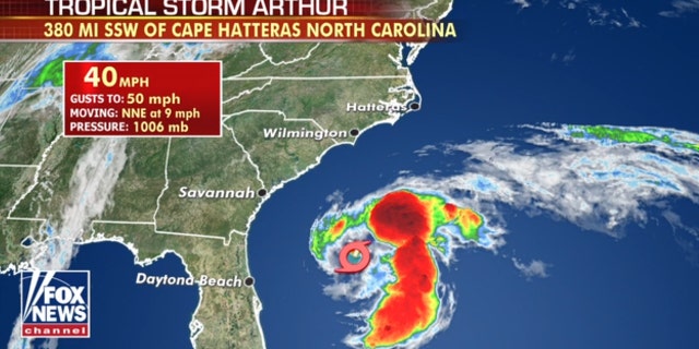 The location of Tropical Storm Arthur on Sunday morning.
