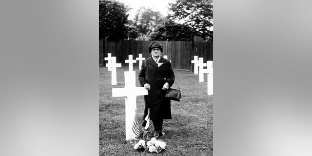 Great great grandmother Rosa Lorenz at her son's grave at Suresnes Cemetery in France, part of the Gold Star Mother Pilgrimage in 1930