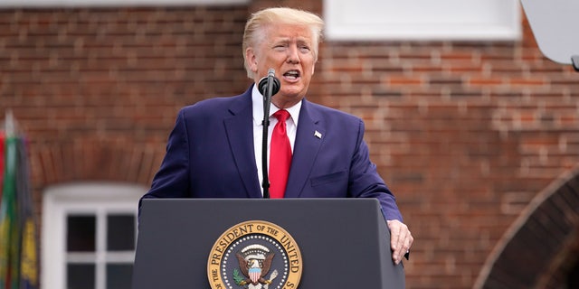 President Donald Trump speaks during a Memorial Day ceremony at Fort McHenry National Monument and Historic Shrine, Monday, May 25, 2020, in Baltimore. (AP Photo/Evan Vucci)