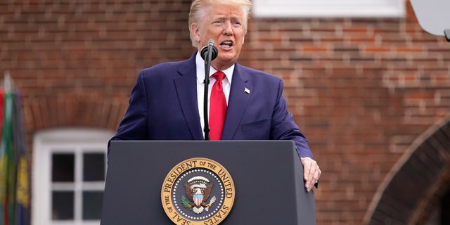 President Donald Trump speaks during a Memorial Day ceremony at Fort McHenry National Monument and Historic Shrine, Monday, May 25, 2020, in Baltimore. (AP Photo/Evan Vucci)