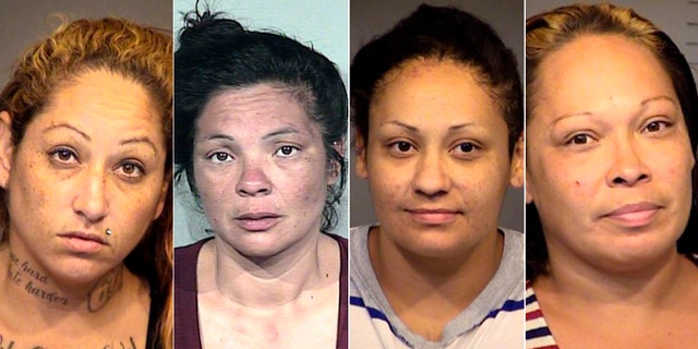 Mugshots for left to right Nadine Chavez, 34, Melissa Servin, 42, Mercedes Gomez, 32, and Christina Gomez, 39. (Mesa County Police Department)