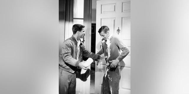 L-R: Tony Dow, Ken Osmond on the set of 'Leave It to Beaver.' 