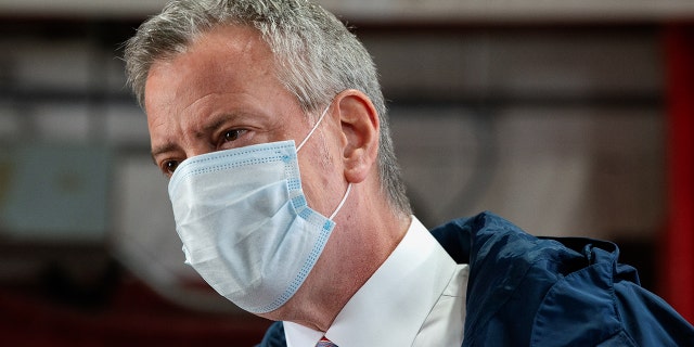 NEW YORK, NY - MAY 04: New York City Mayor Bill DeBlasio speaks to firefighters following the donation of meals on International Firefighters Day on May 4, 2020 in New York City. As New York City continues its shutdown to mitigate the spread of Covid-19, firefighters and other essential workers continue to deal with the effects of the virus. (Photo by Bryan Thomas/Getty Images)