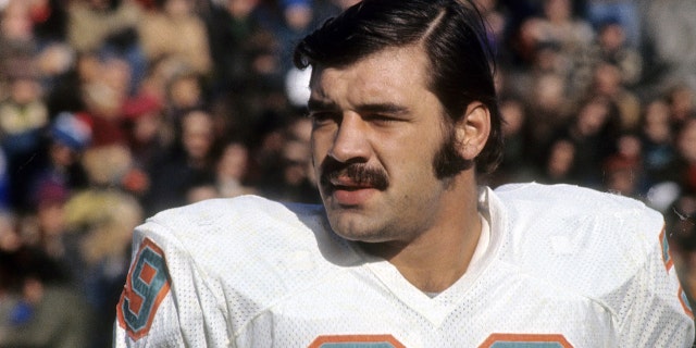 Running back Larry Csonka #39 of the Miami Dolphins watches the action from the sidelines circa mid 1970's during an NFL football game. Csonka played for the Dolphins from 1968-74 and 1979. (Photo by Focus on Sport/Getty Images)