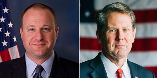 Colorado Gov. Jared Polis, a Democrat, left, and Georgia Gov. Brian Kemp, a Republican, right.