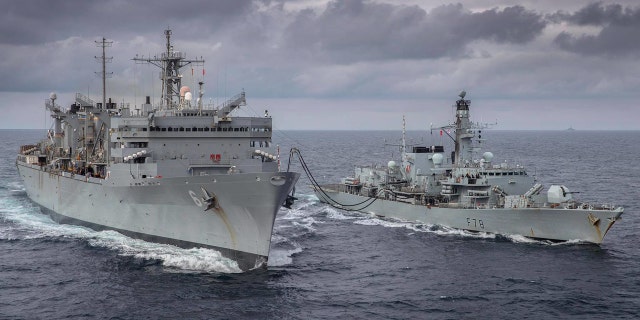The Duke-class frigate HMS Kent takes part in a replenishment-at-sea with Supply-class fast combat support ship USNS Supply whilst on exercise with the U.S. Navy in the Arctic Circle on May 4. (Dan Rosenbaum, HMS Kent)