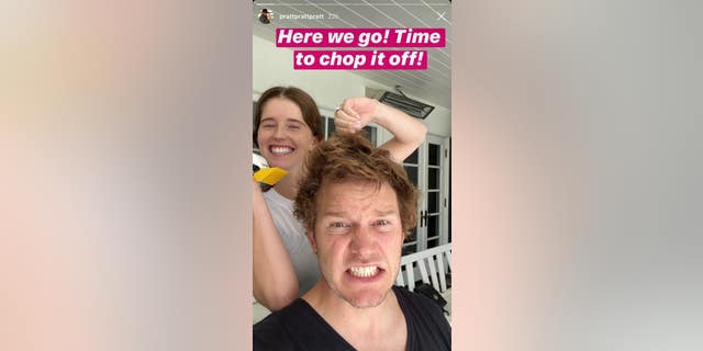 Chris Pratt about to get a haircut from wife Katherine Schwarzenegger.