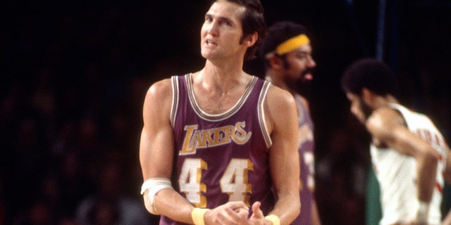 Jerry West #44 of the Los Angeles Lakers looks on walking up court against the Milwaukee Bucks during an NBA basketball game circa 1972 at the Milwaukee Arena in Milwaukee, Wisconsin.