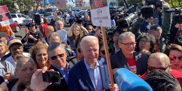Former Vice President Joe Biden joins striking Culinary Union workers on the picket lines in Las Vegas, Nevada on Feb. 19, 2020