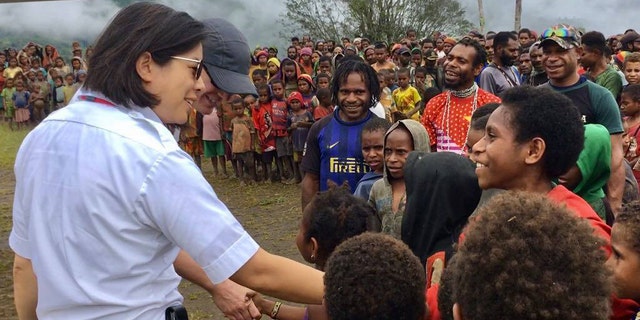 Joyce Lin with a crowd in Indonesia.