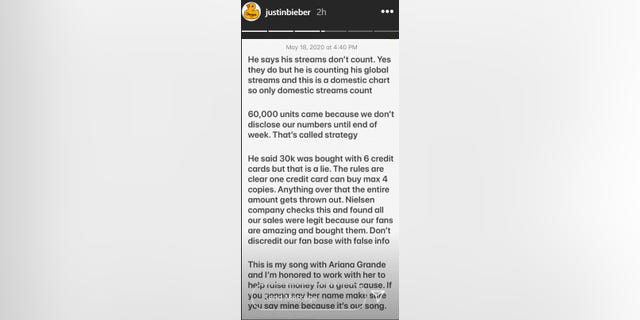 Justin Bieber addressed rapper Tekashi 6ix9ine's claims that he purchased his No. 1 spot on the Billboard Hot 100 on Instagram.