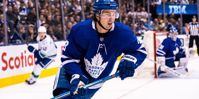 Justin Holl #3 of the Toronto Maple Leafs skates against the Vancouver Canucks during the third period at the Scotiabank Arena on February 29, 2020 in Toronto, Ontario, Canada. (Photo by Kevin Sousa/NHLI via Getty Images)