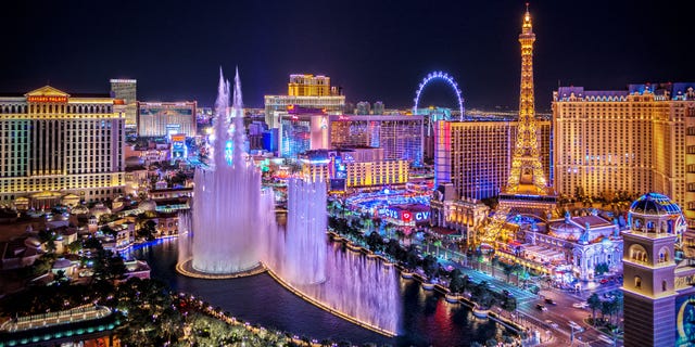 A panoramic view of the Las Vegas Strip is shown in this image.