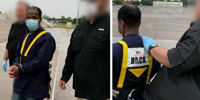 Alexander Mentol Zinnah arriving in Liberia while escorted by ERO officers.